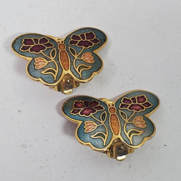 Vintage Clip Earrings Cloisonne Butterflies 2 Inch - Picture 1 of 3